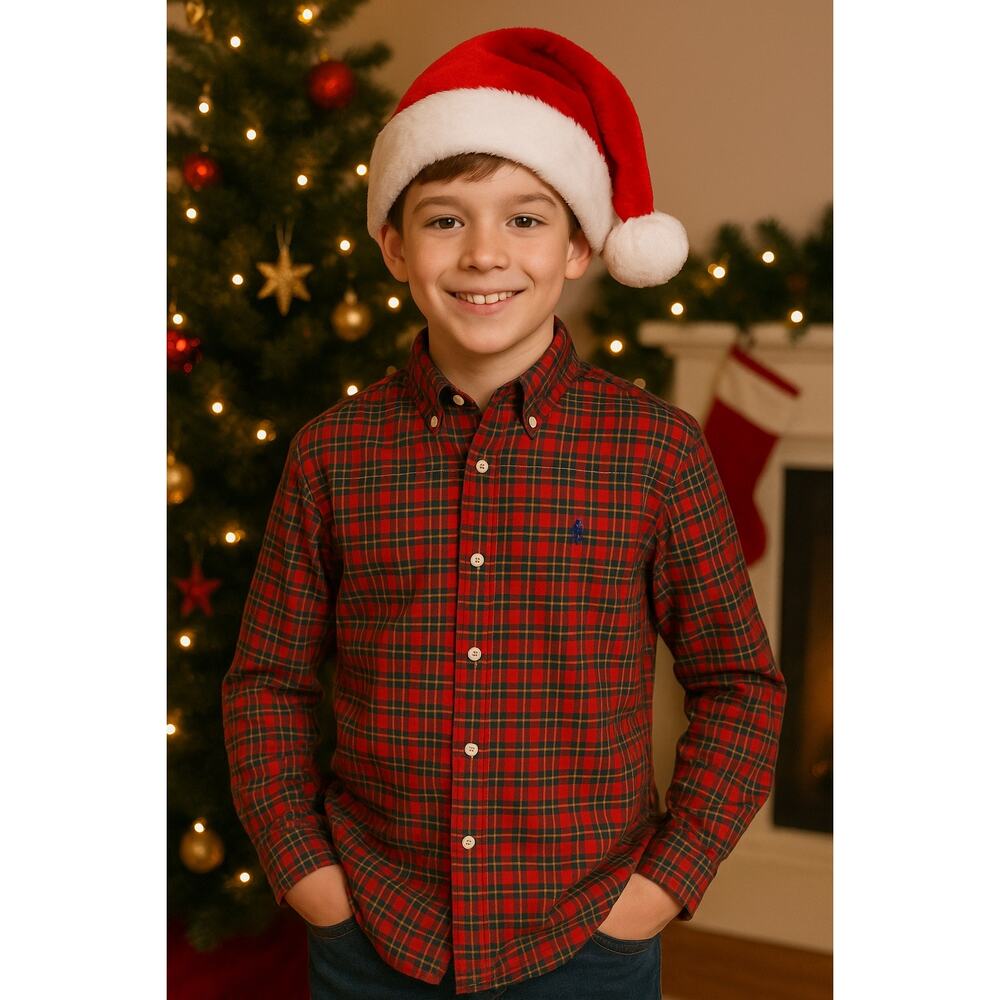 Ralph Lauren Kids Holiday Christmas Plaid Button Down Shirt L/G 14-16